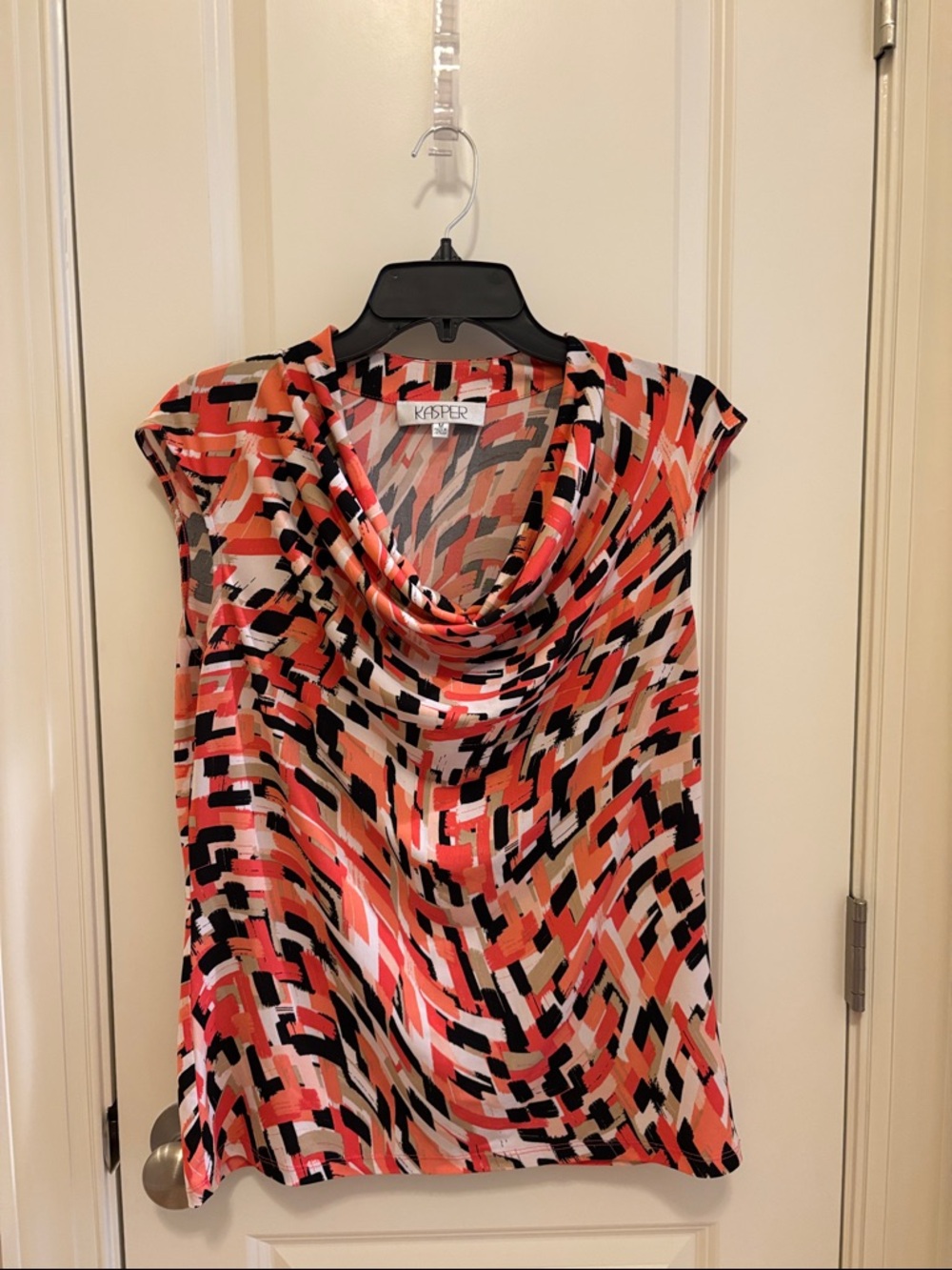 Kasper Coral Black White Tan Abstract Cowl Neck Sleeveless Top